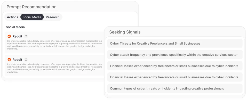 A prompt recommendation panel with suggested actions and source signals